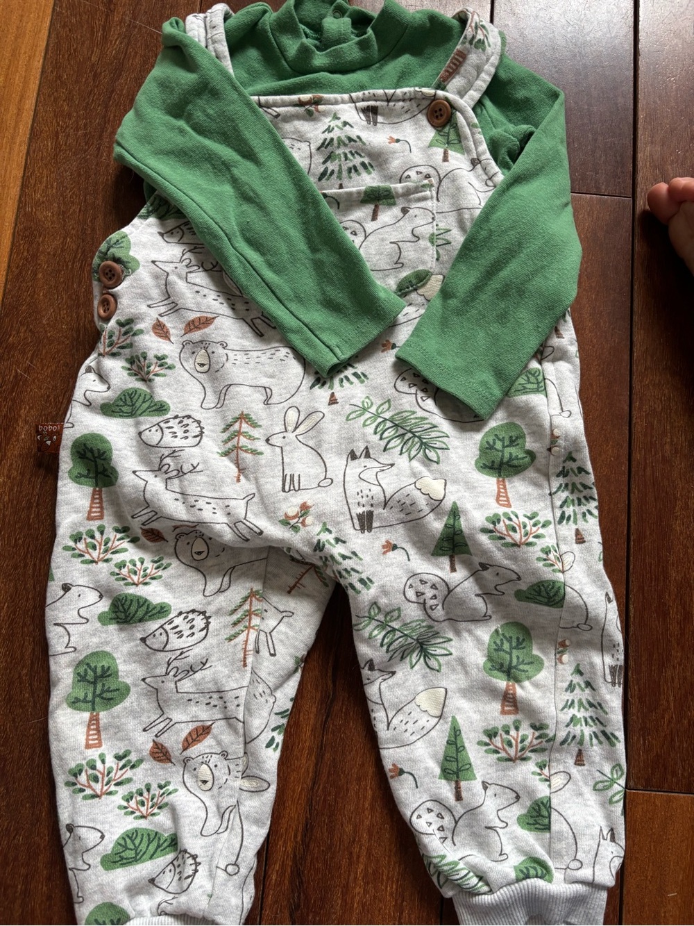 Kids Green Woodland Animal Overalls and Long-sleeve Bodysuit Set